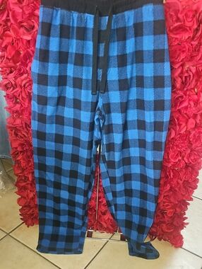 Joe Boxer Men's Blue and Black Check Fleece Plaid Drawstring Joggers Size Large